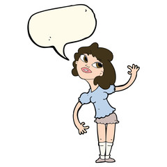 cartoon woman waving with speech bubble