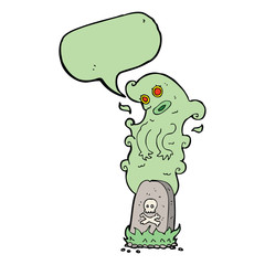 cartoon ghost rising from grave with speech bubble