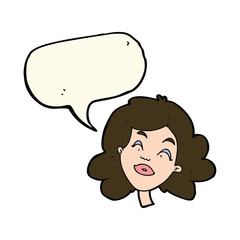 cartoon happy female face with speech bubble