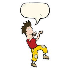 cartoon happy man doing funny dance with speech bubble