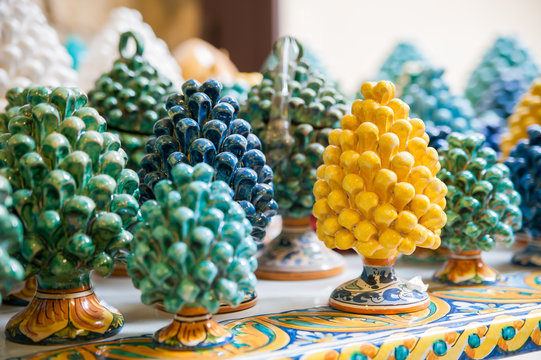 Yellow ceramic cone pine, typical example of the pottery handicraft of Caltagirone