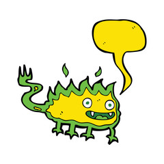 cartoon little fire demon with speech bubble