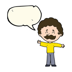 cartoon boy with mustache with speech bubble