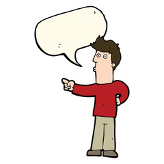 cartoon curious man pointing with speech bubble