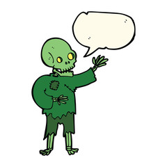 cartoon skeleton waving with speech bubble