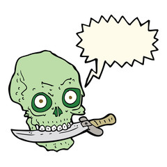 cartoon pirate skull with knife in teeth with speech bubble