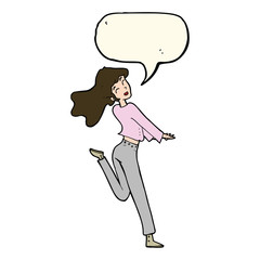 cartoon happy girl kicking out leg with speech bubble