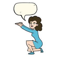 cartoon woman presentation gesture with speech bubble