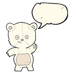 cartoon waving polar bear with speech bubble