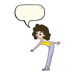 cartoon woman reaching to pick something up with speech bubble