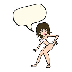 cartoon woman in bikini with speech bubble