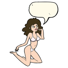 cartoon woman in underwear looking thoughtful with speech bubble