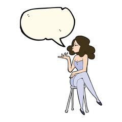 cartoon woman sitting on bar stool with speech bubble