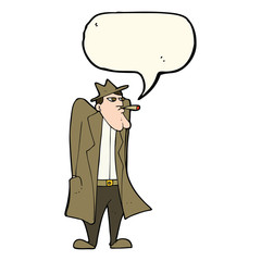cartoon man in hat and trench coat with speech bubble