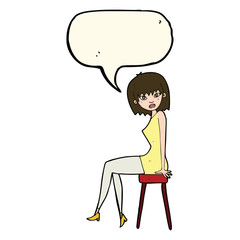 cartoon woman sitting on stool with speech bubble