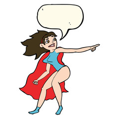 cartoon superhero woman pointing with speech bubble