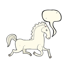 cartoon running white stallion with speech bubble