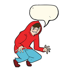 cartoon mischievous boy in hooded top with speech bubble