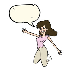 cartoon jumping woman with speech bubble