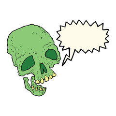 cartoon ancient spooky skull with speech bubble