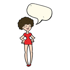 cartoon happy woman with hands on hips with speech bubble
