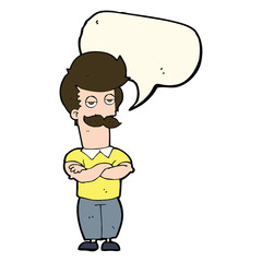 cartoon mustache muscle man with speech bubble