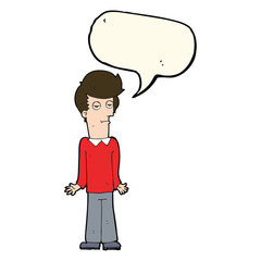 cartoon bored man shrugging shoulders with speech bubble