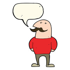 cartoon bald man with mustache with speech bubble