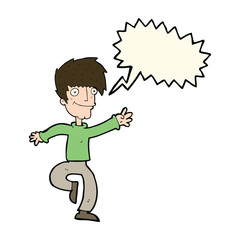 cartoon happy man dancing with speech bubble