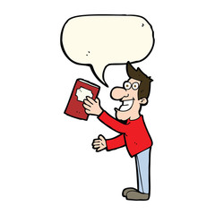 cartoon man with book with speech bubble