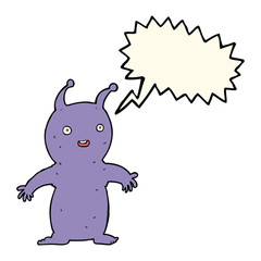 cartoon happy little alien with speech bubble