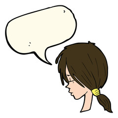 cartoon girl looking thoughtful with speech bubble