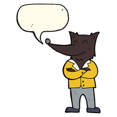 cartoon wolf in shirt with speech bubble