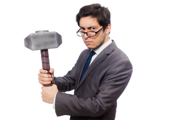 Naklejka premium Business man holding hammer isolated on white