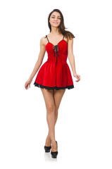 Woman wearing short mini red dress isolated on white