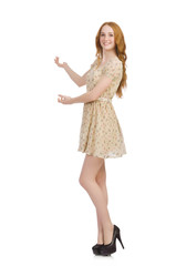 Pretty red hair girl in summer dress isolated on white