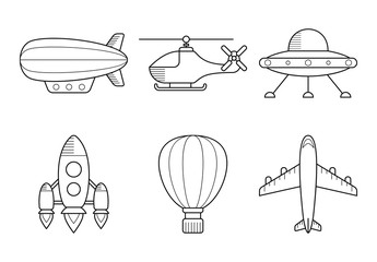 Icon set of aero vehicles. Helicopter plane UFO dirigible aerostat rocket. Line Style