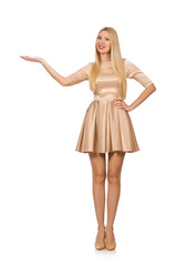 Pretty girl in satin mini dress isolated on white