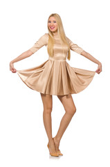 Pretty girl in satin mini dress isolated on white