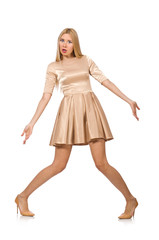 Pretty girl in satin mini dress isolated on white