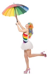 Woman with colorful umbrella on white