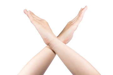 makes an X shape with his arms and hands. This could mean stop, cross, or "extreme
