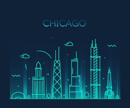 Chicago City Skyline Trendy Vector Line Art