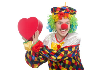 Clown with giftbox isolated on white