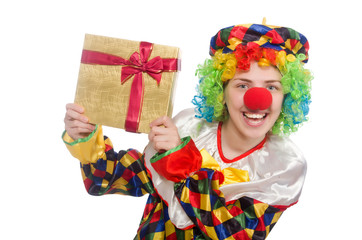 Clown with giftbox isolated on white