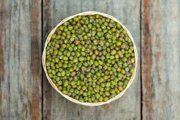 mung beans on wood background