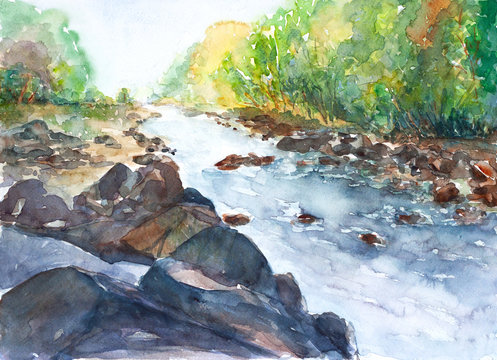 Beautiful river in forest landscape watercolor on paper