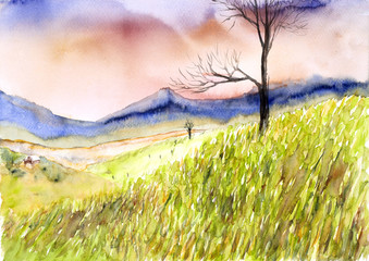 field and mountain landscape watercolor on paper
