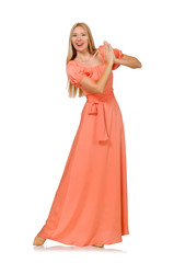 Fototapeta premium Young woman in pink romantic dress isolated on white