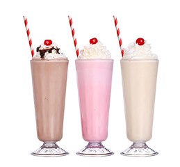 milkshakes chocolate flavor ice cream set collection with cherry